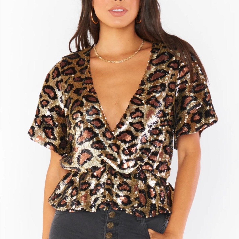 Show Me Your MuMu Brown Black Sequin Flutter Sleeve Blouse